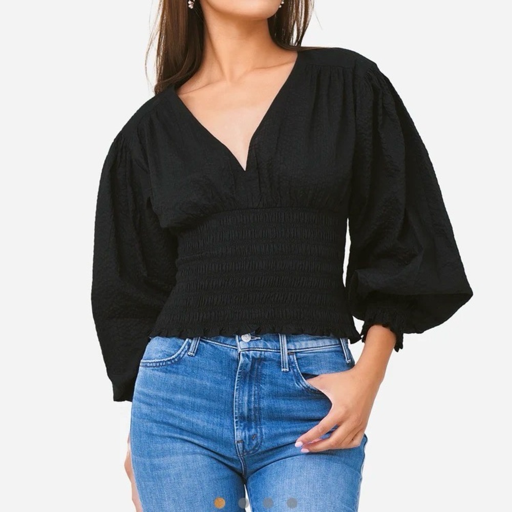 FRAME Smocked Waist Black V-Neck Puff Sleeve Top